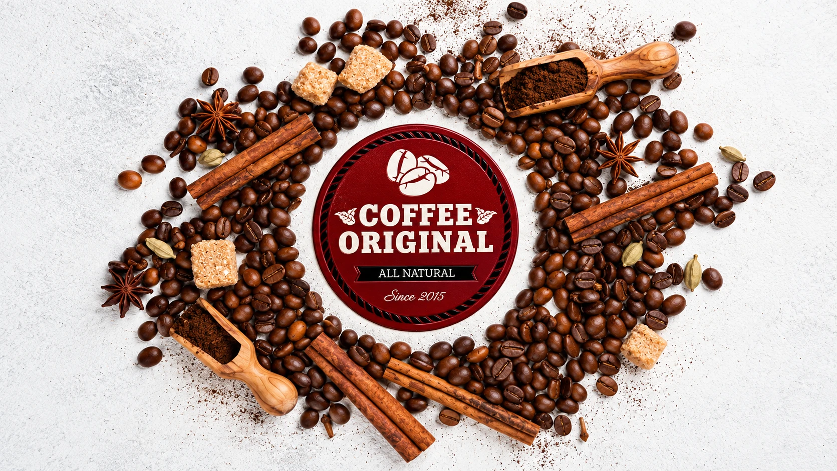 Логотип Coffee Original в кольце из кофейных зёрен, корицы, бадьяна и тростникового сахара